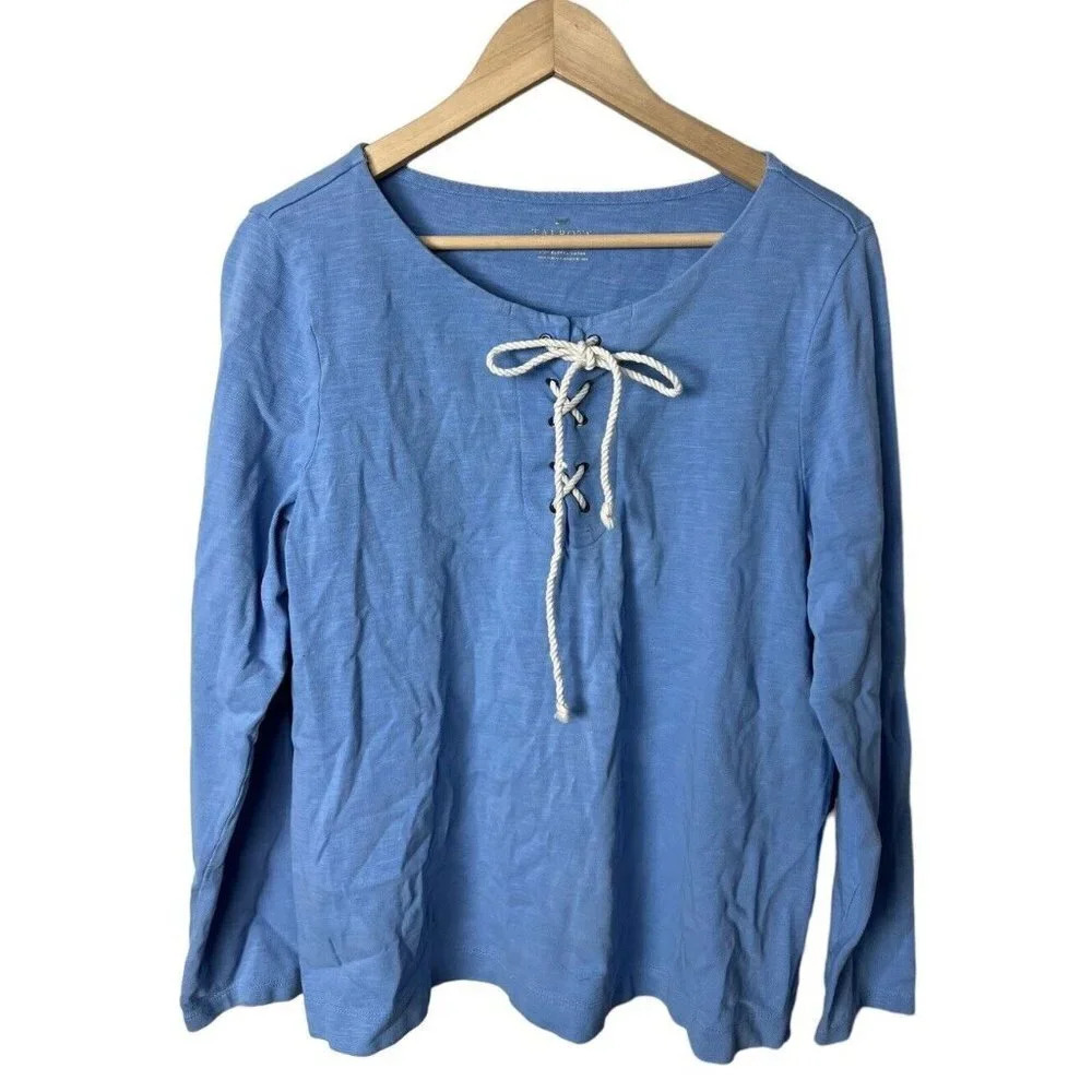 Talbots Blue With White Lace Up Front Sweater Size Large Cotton Women’s